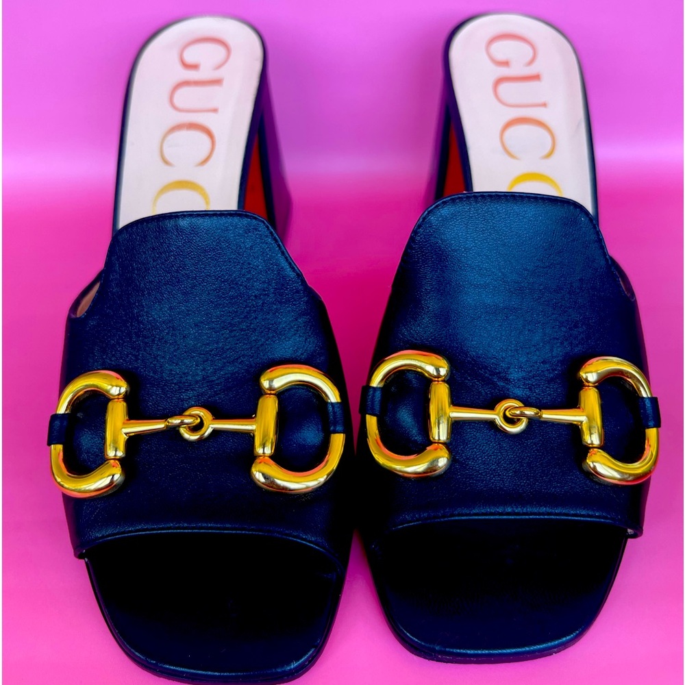 Gucci Horsebit Accent Leather Slides/Mules, Black, Midheel, US Sz. 8 (38 EU)